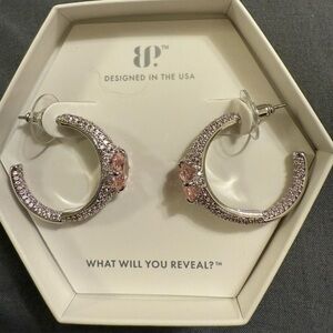 Bomb Party Echoes of Love Rose Quartz CZ on Rhodium Hoop Earrings NEW